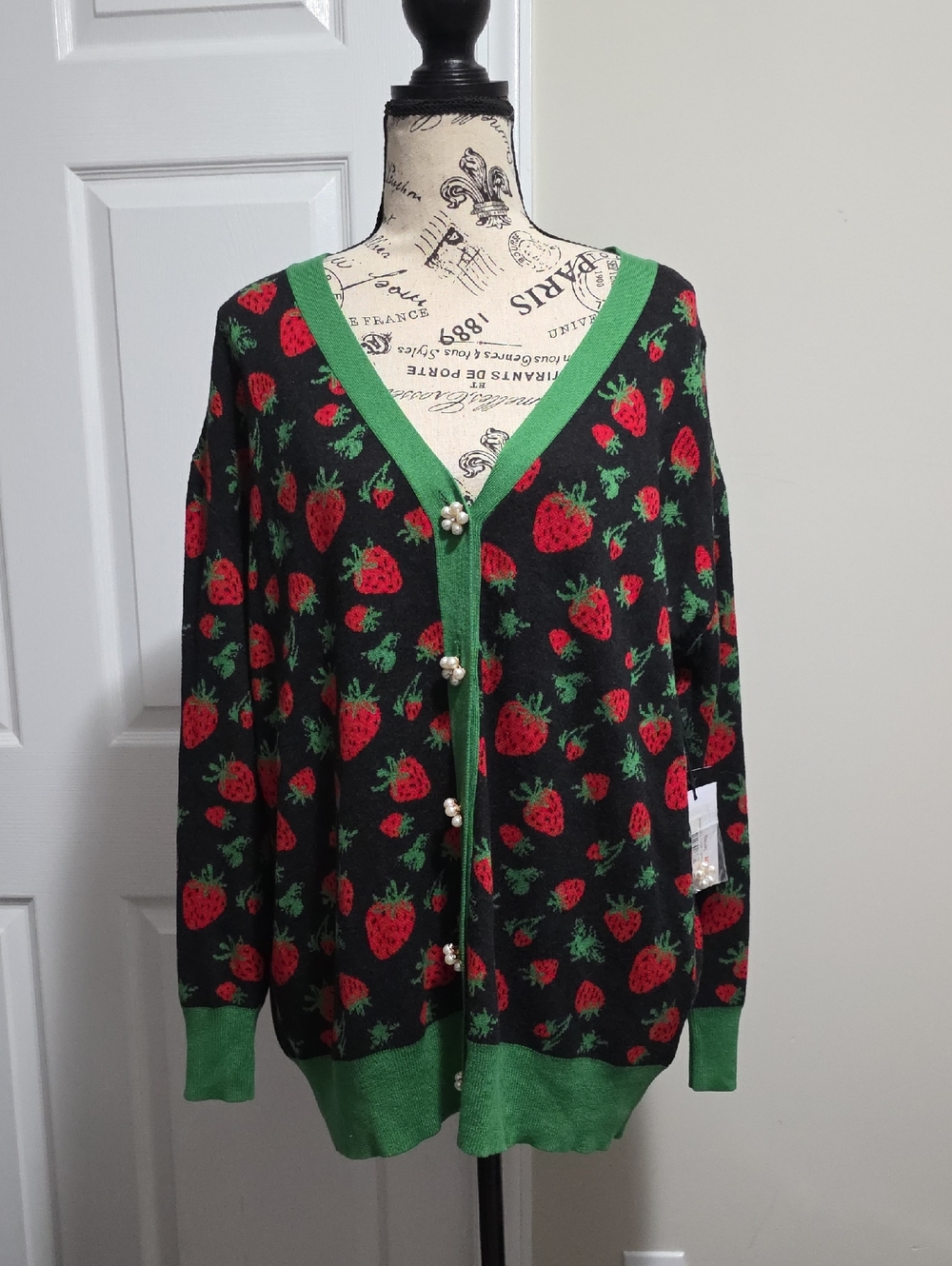 Saint Geraldine Strawberry Fields Cardigan Sweater Top Small Black, Green, Red